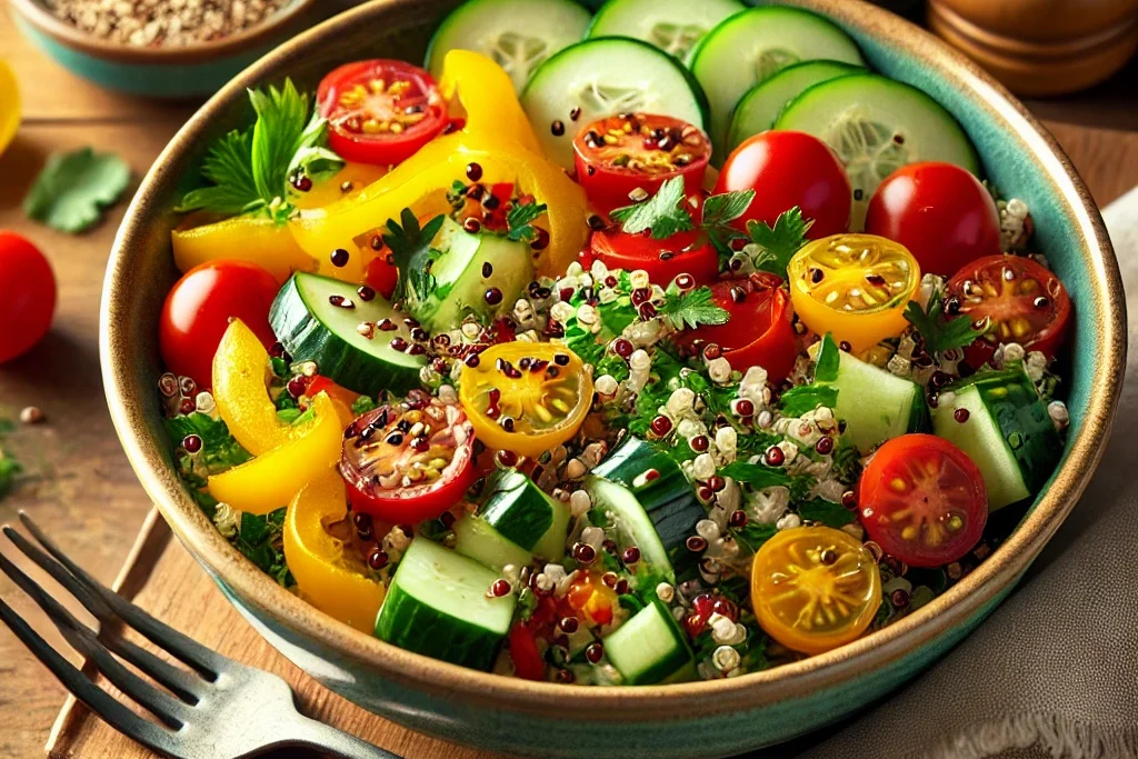 Receita fácil de Salada de Quinoa com Legumes Coloridos para o Dia a Dia