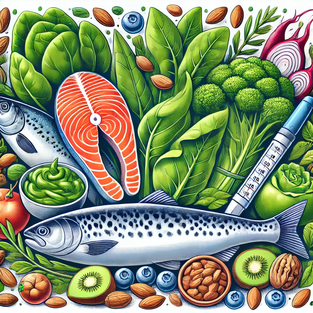 Alimentos para diabetes, incluindo vegetais verdes e peixes gordos