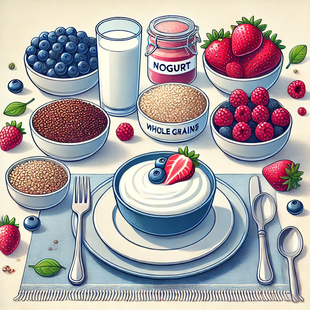 Opções de alimentos para diabetes em uma refeição equilibrada.
